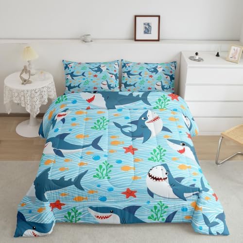 Cute Shark Comforter Set Full Size,Fish Coral Bedding Set 3pcs for Kids Teens Boys Girls Room Decor,Mysterious Under Sea Animals Plants Themed Quilt Set Cartoon Blue Duvet Insert with 2 Pillowcases