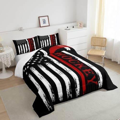 American Flag with Red Hockey Stick Comforter Set Queen Size Ice Hockey Bedding Set for Kids Boys Girls Bedroom Decoration Winter Sports Bed Duvet Insert Retro Comforter with 2 Pillowcase