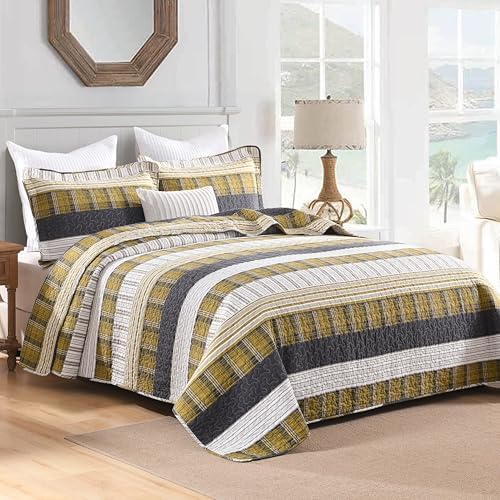 Homzard King Comforter，Cotton King Size Quilt，Amber Green Black Bedding Set，Plaid Striped Bedspread，Lightweight Reversible Coverlet 3 Pieces