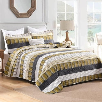 Homzard King Comforter，Cotton King Size Quilt，Amber Green Black Bedding Set，Plaid Striped Bedspread，Lightweight Reversible Coverlet 3 Pieces