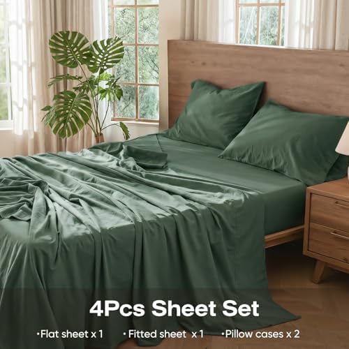 100% Pure Linen Blend 4 Piece Sheet Set, Cooling and Breathable Flax Bed Sheets for Hot Sleepers, All Season Comfort, Anti-Tear and Durable Bedding, 18 Inch Deep Pocket(Olive Green, King)