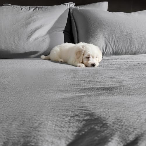 WDCOZY Grey King Size Jacquard Duvet Cover Set with Zipper Closure, Modern Washed Soft Striped Bedding, Textured Seersucker Like Cotton Linen, 1 Duvet Cover and 2 Pillow Shams, No Comforter