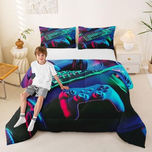 Feelyou Gamer Comforter Set All Season Gaming Bedding Set with 2 Pillow Cases Game Room Decor Microfiber Kids King Bedclothes Gamepad Bedroom Decor Green Duvet Quilt Breathable Soft Lightweight