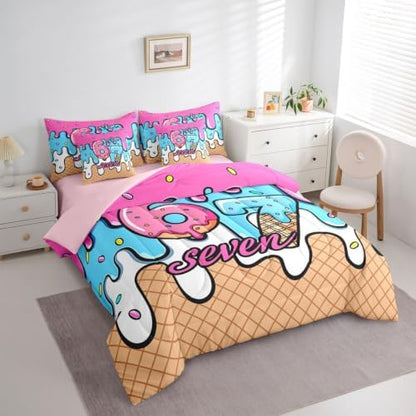 Erosebridal Six Seven Girls Twin Comforter Set 7 Piece Funny Fashion Number 67 Bedding Set for Kids Teen Women,Pink Blue Ice Cream Drip Bed in A Bag Girly Trendy Bed Sets for Birthday Gifts