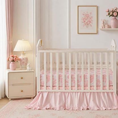 Brandream Organic Cotton Crib Bedding Set for Girls 3 Pieces Baby Boho Ruffled Quilted Comforter with Fitted Sheet, Bed Skirt - Cute French Cottage Botanical Rose Bow Baby Bedding, Light Pink
