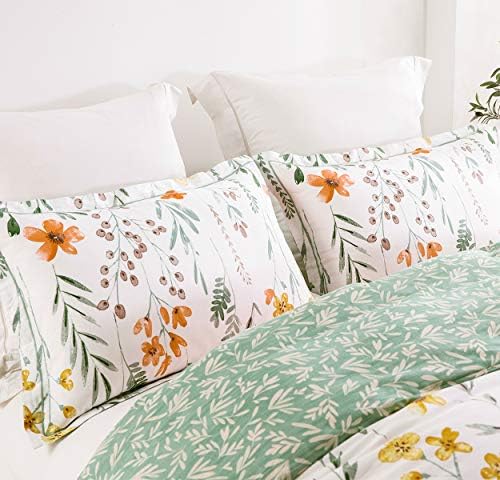 SLEEPBELLA King Size Comforter Set Yellow Flowers & Green Botanical Pattern Printed on White 100% Cotton Fabric, Ultra Soft Microfiber Inner Fill 3Pcs Bedding Set