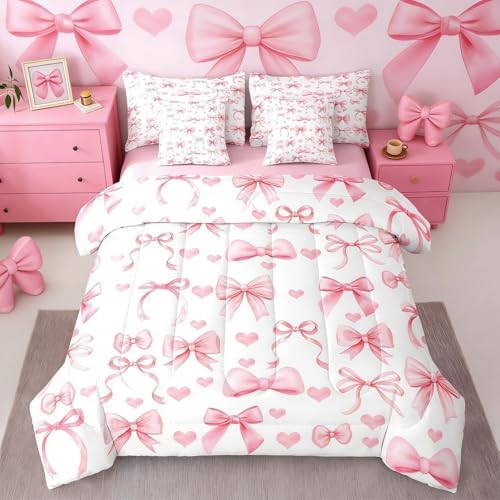 Erosebridal Princess Bow Bed in a Bag King Size Comforter Set 7 Pieces | Pink Bow Tie Bedding Sets Cute Ribbon Bowknot Comforter and Sheet Set, Girly Kawaii Love Hearts Bed Sets