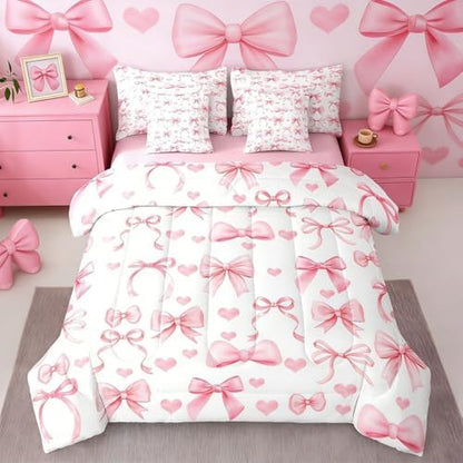 Erosebridal Princess Bow Bed in a Bag King Size Comforter Set 7 Pieces | Pink Bow Tie Bedding Sets Cute Ribbon Bowknot Comforter and Sheet Set, Girly Kawaii Love Hearts Bed Sets