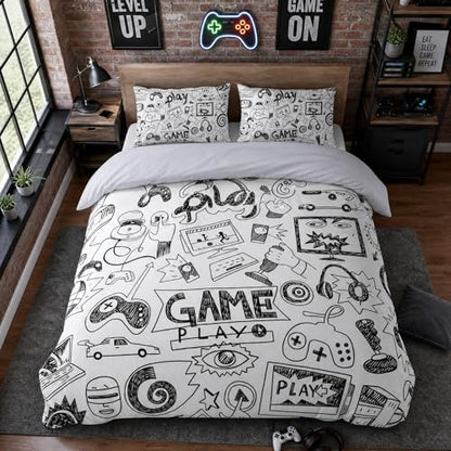 Gaming Comforter Sets for Boys Teen Full Size,Kids Video Games Bedding Set Sketch Style Athletic Racing Game Design Bedroom Home Decor