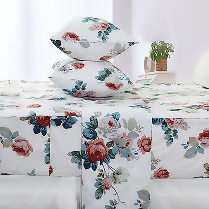 FADFAY King Size Sheets Pink Floral Bed Sheet Set Percale Cotton Shabby Vintage Rose Dark Blue Leaf Print White Sheet Set Chic Farmhouse Bedding Soft Crisp Breathable Deep Pocket Fitted Sheet 4Pcs