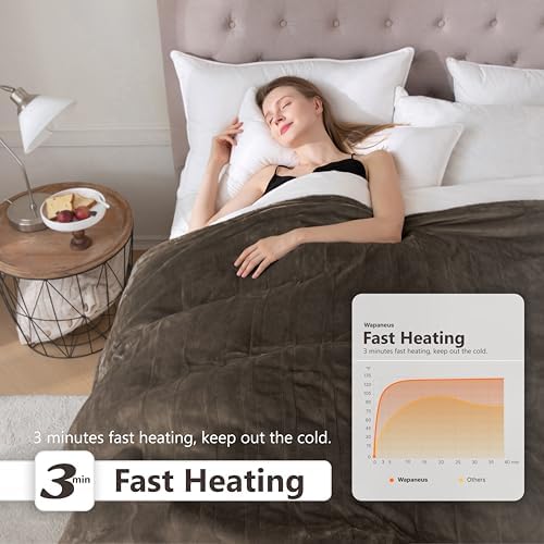 Wapaneus Heated Blanket Electric Twin Size 62"x84" with 10 Heating Levels 12 Timer Settings 8 Hours Auto-Shut Off,Flannel Fast-Heating Electric Blanket,ETL Listed Machine Washable,Dark Brown