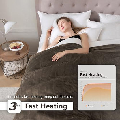 Wapaneus Heated Blanket Electric Twin Size 62"x84" with 10 Heating Levels 12 Timer Settings 8 Hours Auto-Shut Off,Flannel Fast-Heating Electric Blanket,ETL Listed Machine Washable,Dark Brown