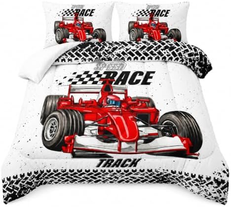 AILONEN Red Racing Car Comforter Set Twin Size, Extreme Sports Theme Bedding Set Black White Grid for Kids Boys,Race Car Competition Bed in a Bag Soft Breathable,1 Quilt 2 Pillowcases,3 Pcs