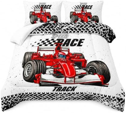 AILONEN Red Racing Car Comforter Set Full Size, Extreme Sports Theme Bedding Set Black White Grid for Kids Boys,Race Car Competition Bed in a Bag Soft Breathable,1 Quilt 2 Pillowcases,3 Pcs