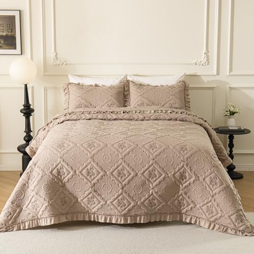 Sobrecamas Queen Elegantes,Queen Floral Quilt Set,Reversible Taupe Coverlet