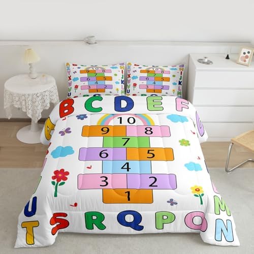 jejeloiu Alphabet ABC Comforter Set All Season Number Learning Bedding Set with 2 Pillow Cases Colorful Educational Microfiber Kids King Bedclothes Bedroom Decor Duvet Quilt