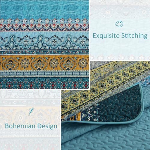 WONGS BEDDING Bohemian Queen Size,3 Pieces Soft Blue Bedspread Set