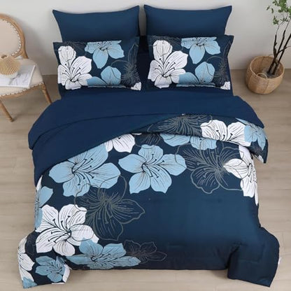 Luxudecor Navy Blue Comforter Set Full Size, 7 Pieces Bed in a Bag Navy Blue Floral Comforter and Sheet Set, Soft Microfiber Complete Bedding Sets for All Seasons