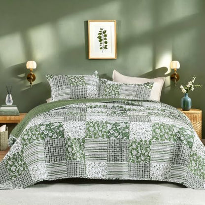 Litanika Floral Sage Quilt Queen - 3Pcs Botanical Birds Bedding Set
