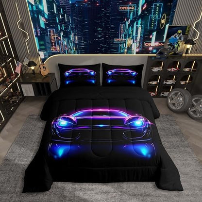 Erosebridal Neon Race Car Boy Queen Bedding Sets for Kids,Watercolor Cars Comforter Set for Child Room Decor,Retro Speed Racing Cars Comforter,Hot Pink Sports Racing Games Quilt,Purple Blue and Black