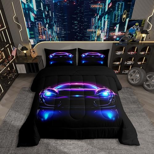 Erosebridal Neon Race Car Boy Toddler Bedding Sets for Kids,Watercolor Cars Comforter Set for Child Room Decor,Retro Speed Racing Cars Comforter,Hot Pink Sports Racing Games Quilt,Purple Blue Black