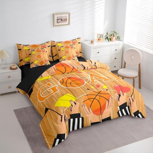 Erosebridal Orange Basketbal Ball Games Sports Theme 7 Piece Bedding Set Twin | Boys Gaming Pattern Boys Kids Comforter Set with Sheets Geometric Bed in A Bag Playground Bed Sets