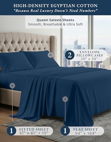 LANE LINEN Sheets Queen Size Bed Set Sateen Weave - Navy Swiss Dot