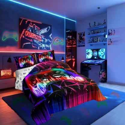 Castle Fairy Modern Honeycomb King Size Comforter/Duvet Set,Boys Gamepad Ultra Soft Bed Collection,Video Games Gamer Bedding for Room Decor 3 Pcs,Microfiber Breathable