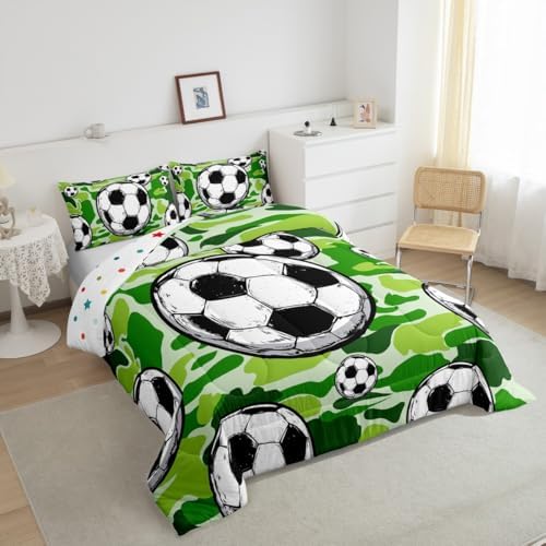 Castle Fairy Football Sports Comforter Set Toddler Size for Kids Soccer American Ball Games Bedding Sets All Season Green Camouflage Quilt Set Bedroom Decor Hexagon Geometric Down Comforter,2Pcs