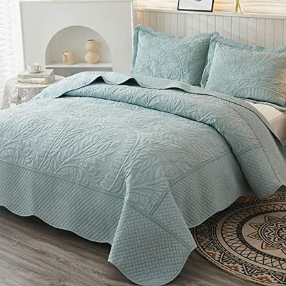 MarCielo 3-Piece 100% Cotton Oversized Bedspread Lightweight Quilt Coverlet Embroidery Farmhouse Bedding Set T0 (Aruba Blue, Oversized Queen (100"x106"))