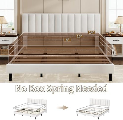 Garvee King Size Platform Bed Frame with Upholstered Headboard, White