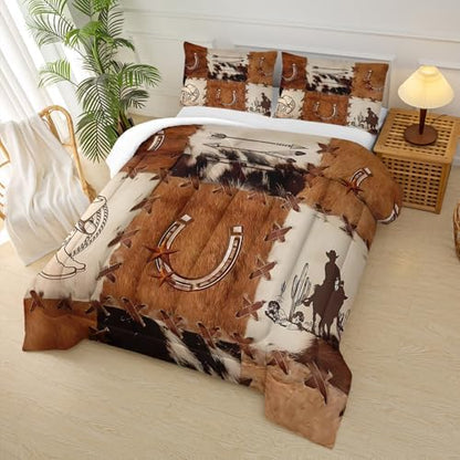 Brown Cowhide Patchwork Cow Print Comforter Set King,Western Cowboy Bedding Set for Boys Girls,Animal Cowhide Bedding Set,Soft Microfiber Western Quilt Set for Bedroom Decor
