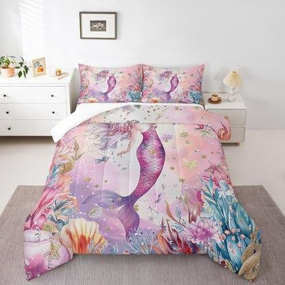 Homewish Pink Mermaid Comforter Set Queen Size,Coral Shell Starfish Bedding Set 3Pcs for Kids Girls Boys Teens Room Decor,Underwater World Quilt Set Pink Purple Dreamy Duvet Insert,2 Pillowcases