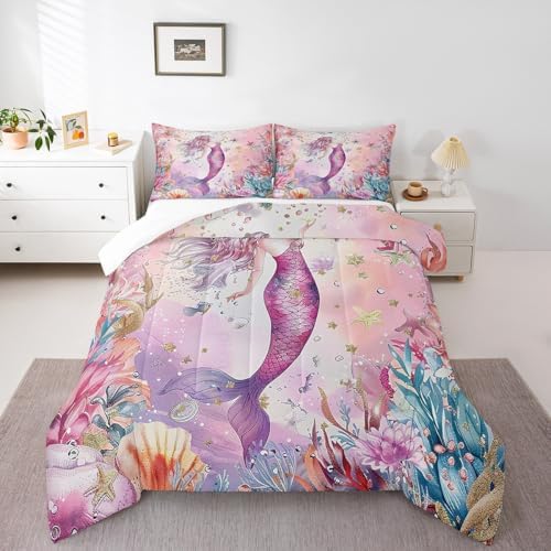 Homewish Pink Mermaid Bedding Set King Size,Coral Shell Starfish Comforter Set 3Pcs for Kids Girls Boys Teens Room Decor,Underwater World Quilt Set Pink Purple Dreamy Duvet Insert,2 Pillowcases