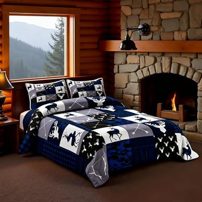 Manfei Camo Deer Antlers Comforter Set Queen, Geometric Plaid Patchwork Bedding 3pcs for Room Decor, Boho Arrow Xmas Quilt Set, Blue Grey Duvet Insert with 2 Pillowcases (WWS10843GYY-BZ_USq)