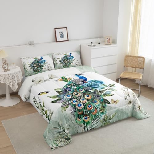 Teens Peacock Comforter Set Queen Size,Butterfly and Floral Bedding Set for Kids Boys Girls Bedroom Decoration,Retro Chinese Style Bed Duvet Insert,Watercolor Feathers Comforter with 2 Pillowcases