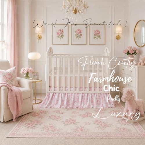 Brandream Organic Cotton Crib Skirt Dust Ruffle, Baby Girl Crib Bed Skirt, 4-Sided, Luxury French Vintage Pink Rose Floral & Bow Cottagecore Toddler Bedskirt Farmhouse Chic Nursery Bedding Skirt