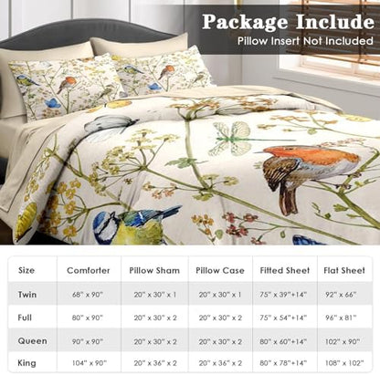 Pamnest Full Comforter Set with Sheets, 7 Pieces Vintage Birds Bedding