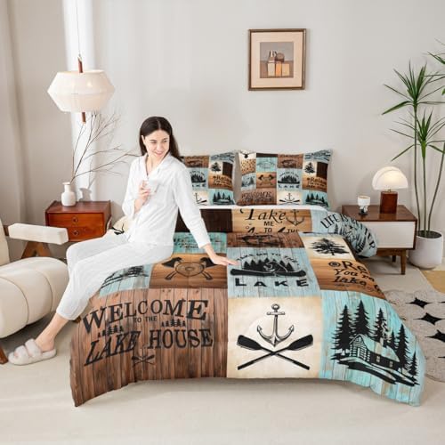 Lake House Comforter Set Queen Size,Outdoor Camping Quilt Set Fish Bear Anchor Pine Rustic Farmhouse Bedding Set Kids Boys Girls Brown Green Grid Patchwork Plaid Duvet Insert Adult Room Decor