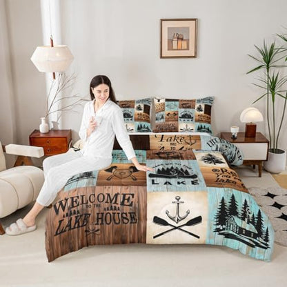 Lake House Comforter Set Queen Size,Outdoor Camping Quilt Set Fish Bear Anchor Pine Rustic Farmhouse Bedding Set Kids Boys Girls Brown Green Grid Patchwork Plaid Duvet Insert Adult Room Decor