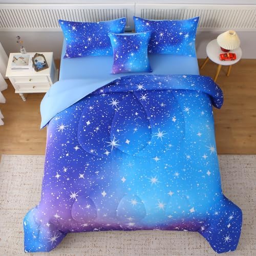 JQinHome Twin Ombre Blue Comforter Set, 6 Piece Bed in A Bag 3D Colorful Bedding Sets for Teen Girls (1 Comforter,2 Pillowcases,1 Flat Sheet,1 Fitted Sheet,1 Cushion Cover)(Star Blue)