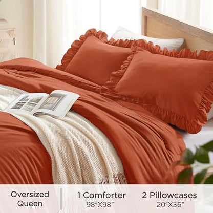 Andency Terracotta Ruffle Comforter Oversized Queen, 3 Pcs Solid Bed