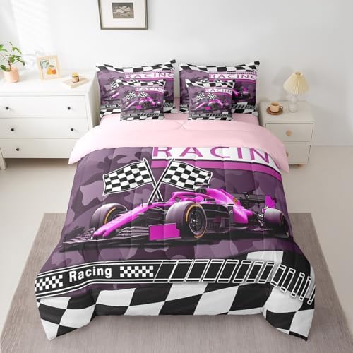 Purple Black Race Car 7 Pieces Bedding Set Twin Bed in a Bag,Racing Car Extreme Sports Comforter Set with Comforter,Flat,Fitted Sheet,Pillowcases,Pillow Covers,Kids Military Camouflage Print Bedding