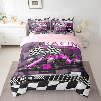 Purple Black Race Car 7 Pieces Bedding Set King Bed in a Bag,Racing Car Extreme Sports Comforter Set with Comforter,Flat,Fitted Sheet,Pillowcases,Pillow Covers,Kids Military Camouflage Print Bedding