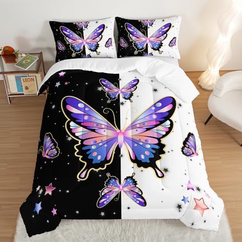 Butterfly King Comforter Set for Girls Kids with 2 Pillowcases.