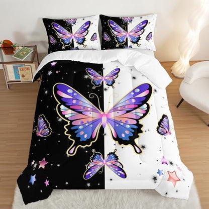 Butterfly King Comforter Set for Girls Kids with 2 Pillowcases.