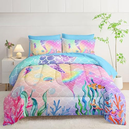 7Pcs Mermaid Tail Comforter Set Pink Scales Printed Bedding Set with 1 Comforter, 1 Flat Sheet, 1 Fitted Sheet and 4 Pillowcases for Boys and Girls Bedroom All Season(Full)