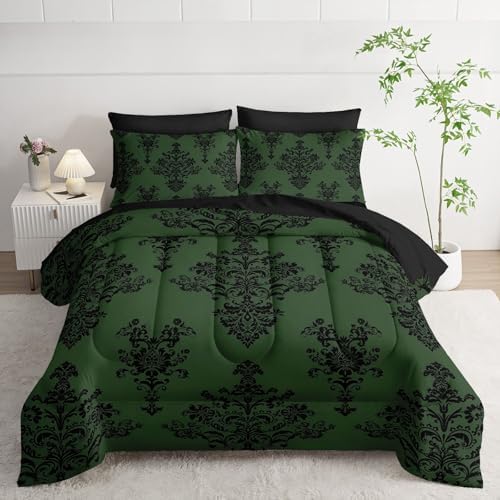 7Pcs Comforter Set Black Retro Pattern Printed Bedding Set with 1 Comforter,1 Flat Sheet,1 Fitted Sheet and 4 Pillowcases for Men and Women Bedroom All Season(Twin)