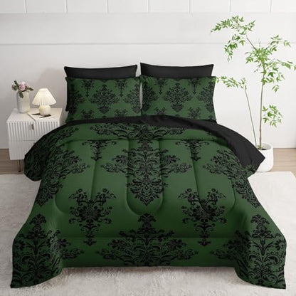 7Pcs Comforter Set Black Retro Pattern Printed Bedding Set with 1 Comforter,1 Flat Sheet,1 Fitted Sheet and 4 Pillowcases for Men and Women Bedroom All Season(Twin)