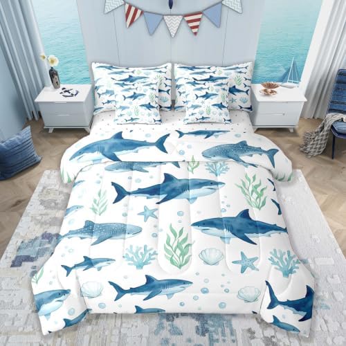 Feelyou Shark Queen Comforter Set with Sheets for Kids Boys Girls Ocean Sea Animal Marine 7 Pieces Bedding Set Underwater World Bed in a Bag Room Decor Soft Lightweight Microfiber